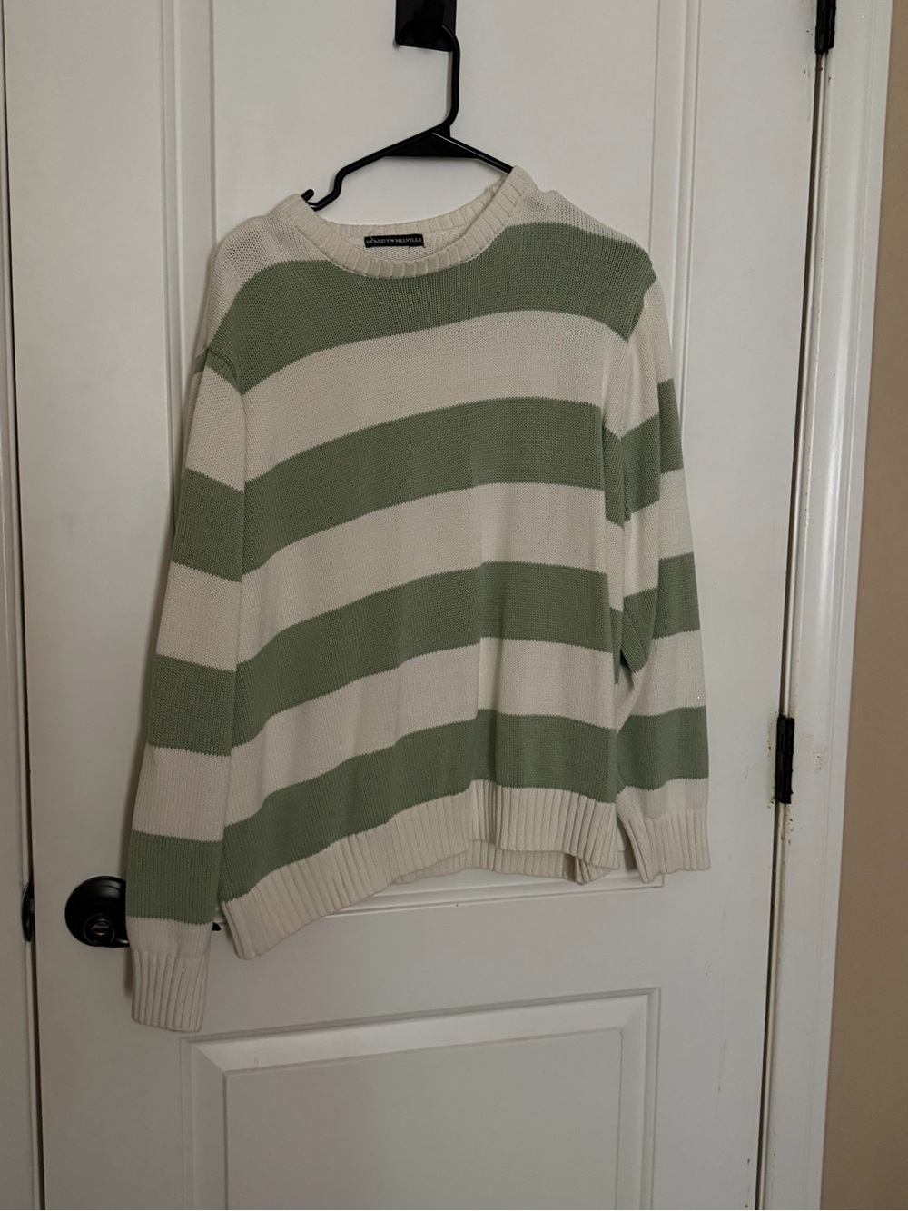 Brandy Melville Sage and Cream Striped Crewneck Sweater